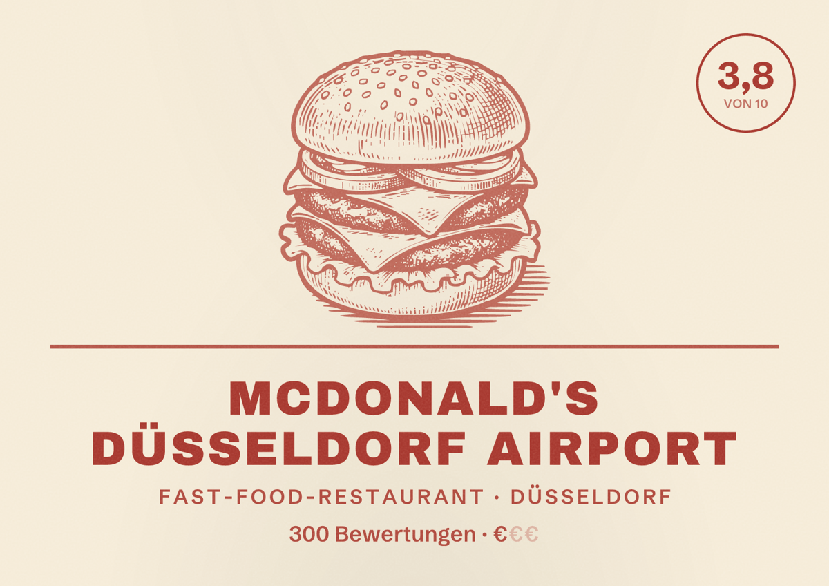 Illustriertes Poster von McDonald's Düsseldorf Airport, Fast-Food-Restaurant in Düsseldorf: Bewertung 3,8 von 10 aus 300 Bewertungen, Preisniveau €