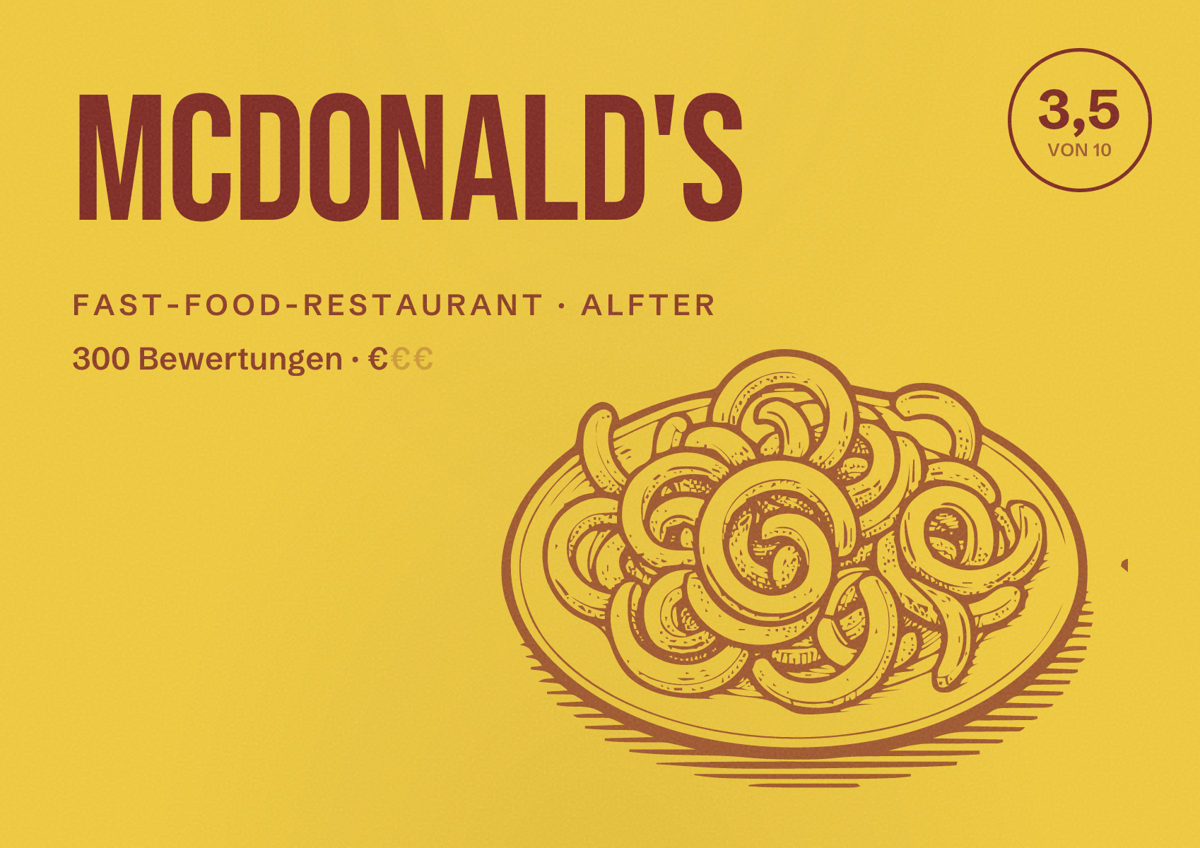 Illustriertes Poster von McDonald's, Fast-Food-Restaurant in Alfter: Bewertung 3,5 von 10 aus 300 Bewertungen, Preisniveau €