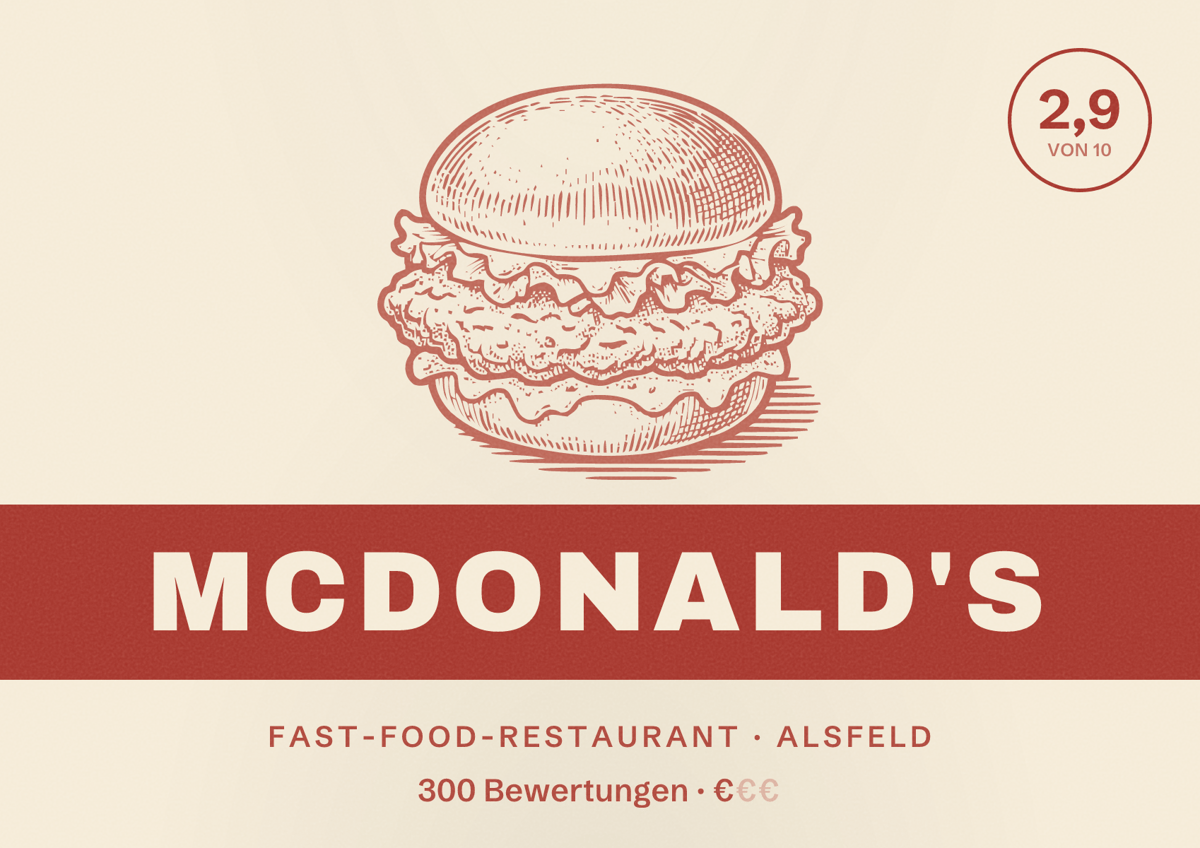 Illustriertes Poster von McDonald's, Fast-Food-Restaurant in Alsfeld: Bewertung 2,9 von 10 aus 300 Bewertungen, Preisniveau €