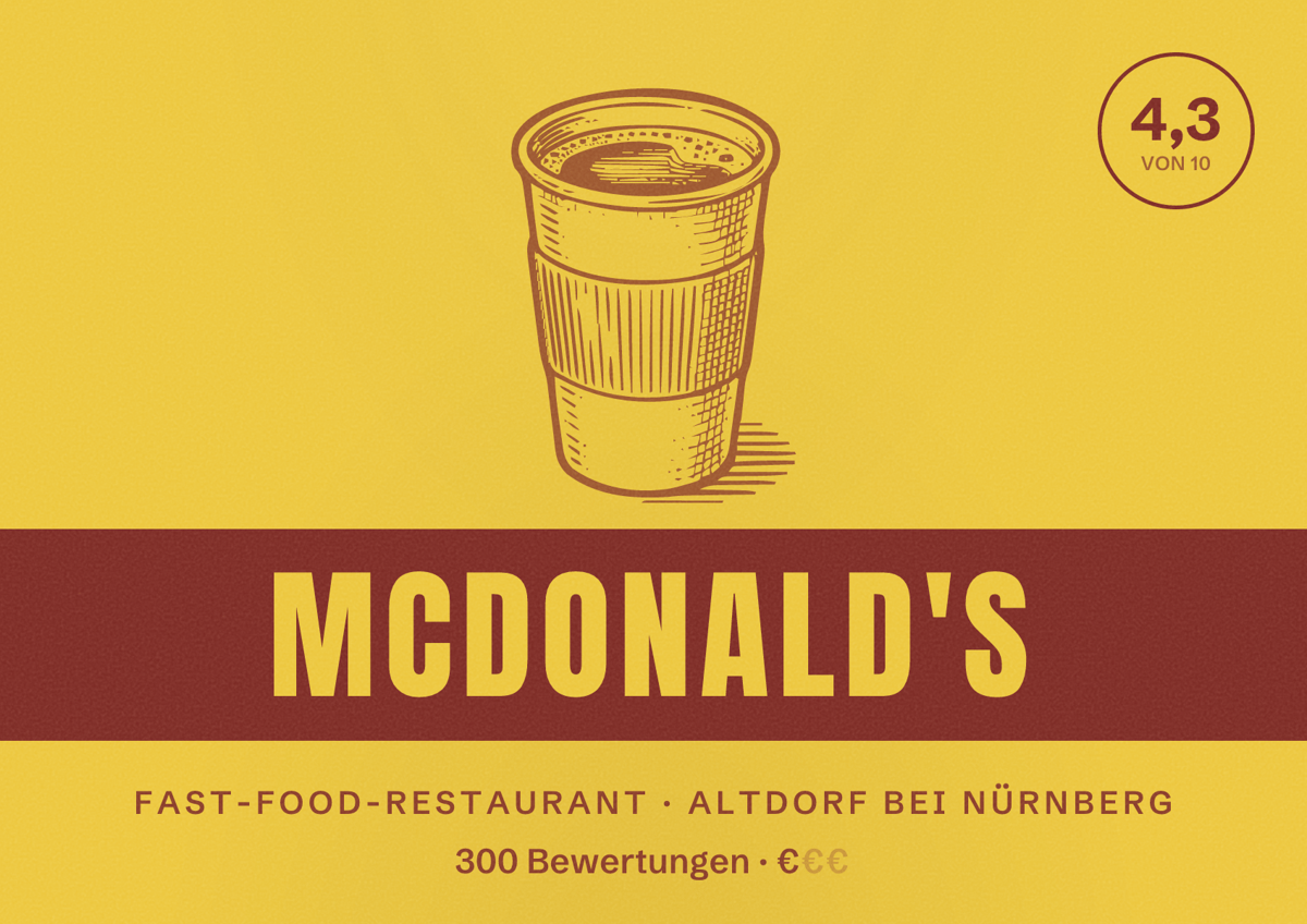 Illustriertes Poster von McDonald's, Fast-Food-Restaurant in Altdorf bei Nürnberg: Bewertung 4,3 von 10 aus 300 Bewertungen, Preisniveau €