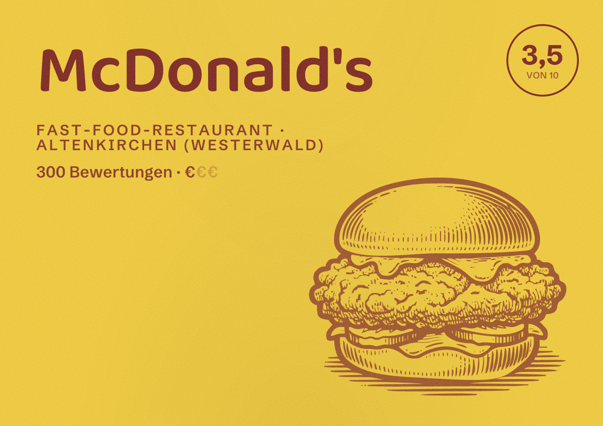Illustriertes Poster von McDonald's, Fast-Food-Restaurant in Altenkirchen (Westerwald): Bewertung 3,5 von 10 aus 300 Bewertungen, Preisniveau €