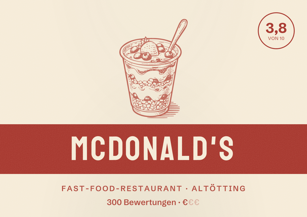 Illustriertes Poster von McDonald's, Fast-Food-Restaurant in Altötting: Bewertung 3,8 von 10 aus 300 Bewertungen, Preisniveau €