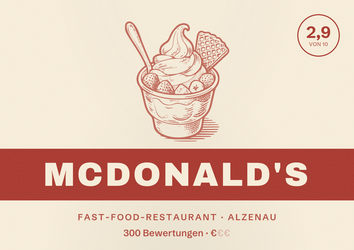 Illustriertes Poster von McDonald's, Fast-Food-Restaurant in Alzenau: Bewertung 2,9 von 10 aus 300 Bewertungen, Preisniveau €
