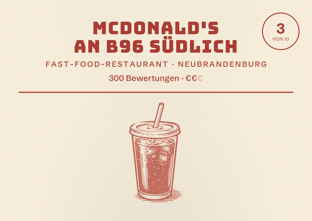 Illustriertes Poster von McDonald's an B96 südlich, Fast-Food-Restaurant in Neubrandenburg: Bewertung 3 von 10 aus 300 Bewertungen, Preisniveau €€