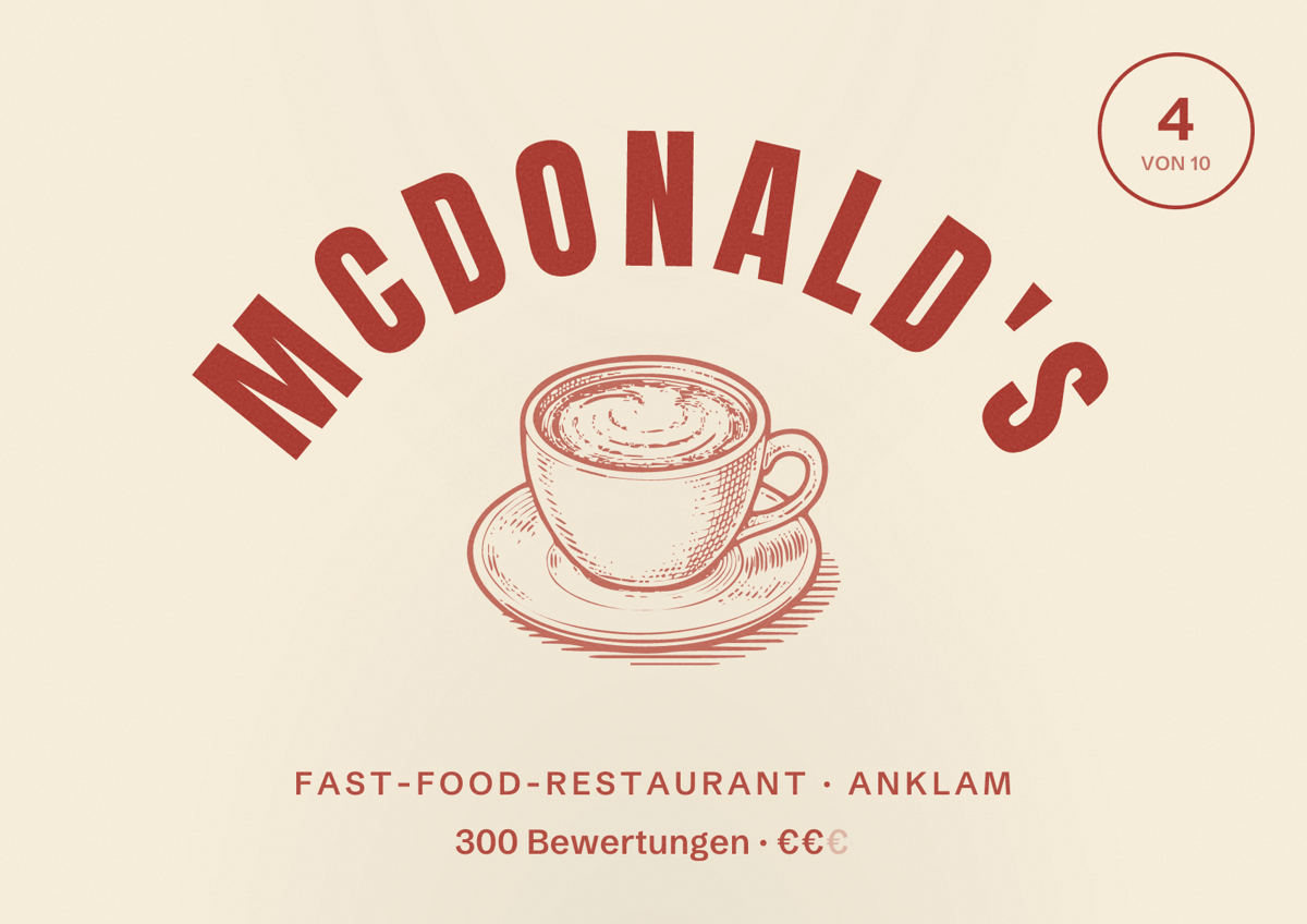 Illustriertes Poster von McDonald's, Fast-Food-Restaurant in Anklam: Bewertung 4 von 10 aus 300 Bewertungen, Preisniveau €€