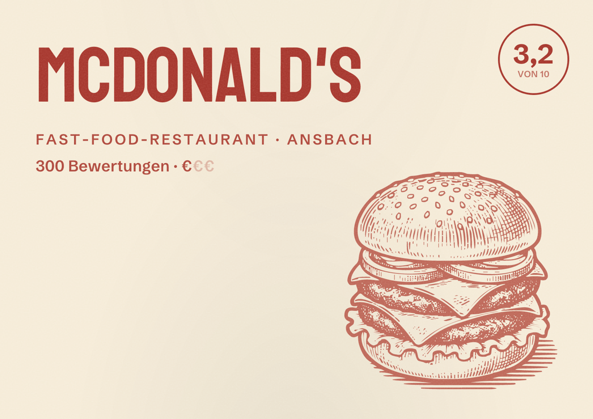 Illustriertes Poster von McDonald's, Fast-Food-Restaurant in Ansbach: Bewertung 3,2 von 10 aus 300 Bewertungen, Preisniveau €