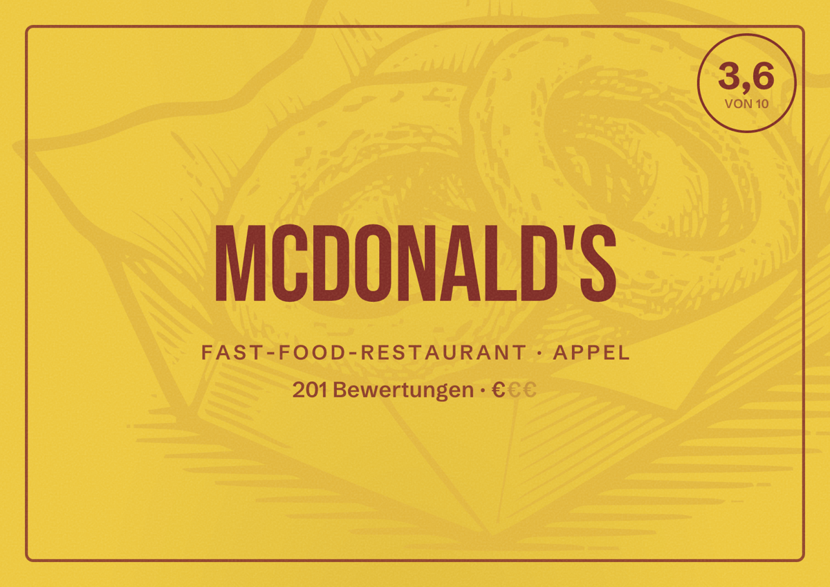 Illustriertes Poster von McDonald's, Fast-Food-Restaurant in Appel: Bewertung 3,6 von 10 aus 201 Bewertungen, Preisniveau €