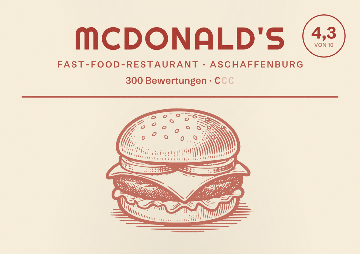 Illustriertes Poster von McDonald's, Fast-Food-Restaurant in Aschaffenburg: Bewertung 4,3 von 10 aus 300 Bewertungen, Preisniveau €