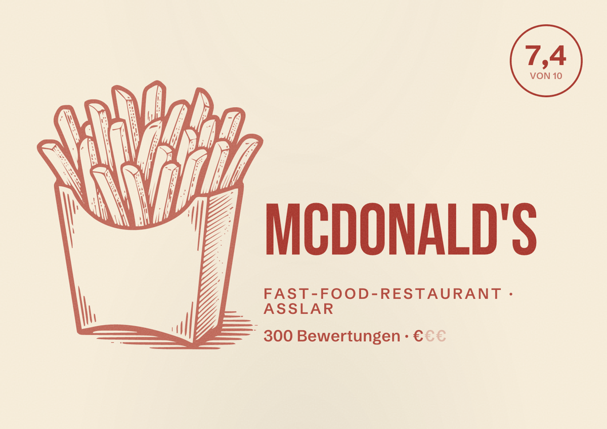 Illustriertes Poster von McDonald's, Fast-Food-Restaurant in Aßlar: Bewertung 7,4 von 10 aus 300 Bewertungen, Preisniveau €