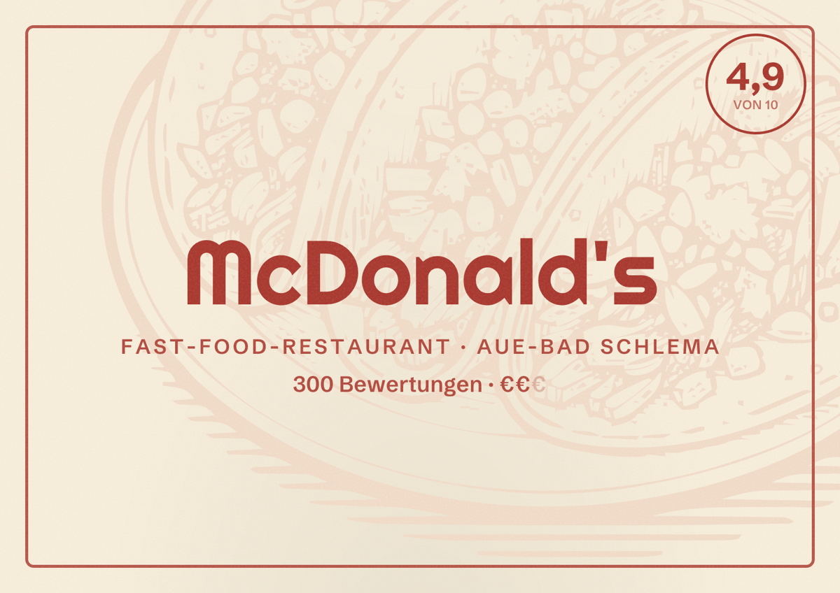 Illustriertes Poster von McDonald's, Fast-Food-Restaurant in Aue-Bad Schlema: Bewertung 4,9 von 10 aus 300 Bewertungen, Preisniveau €€