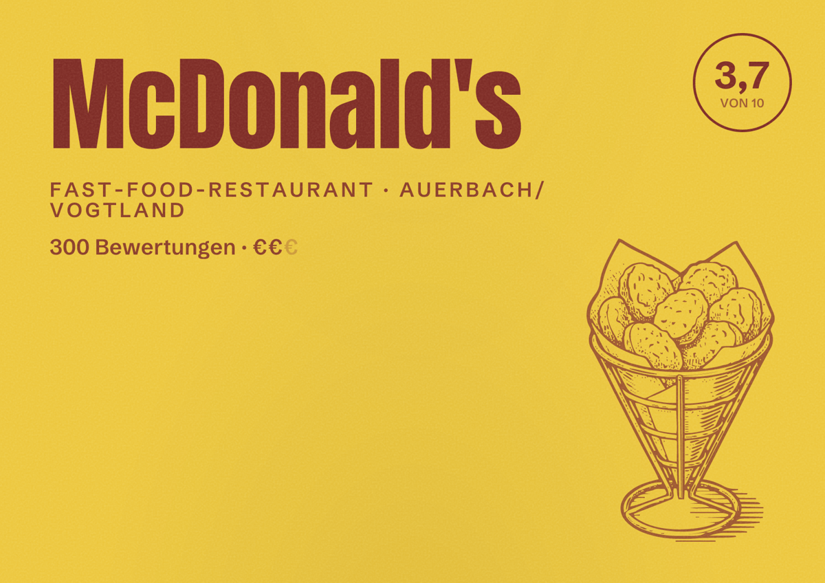 Illustriertes Poster von McDonald's, Fast-Food-Restaurant in Auerbach/Vogtland: Bewertung 3,7 von 10 aus 300 Bewertungen, Preisniveau €€