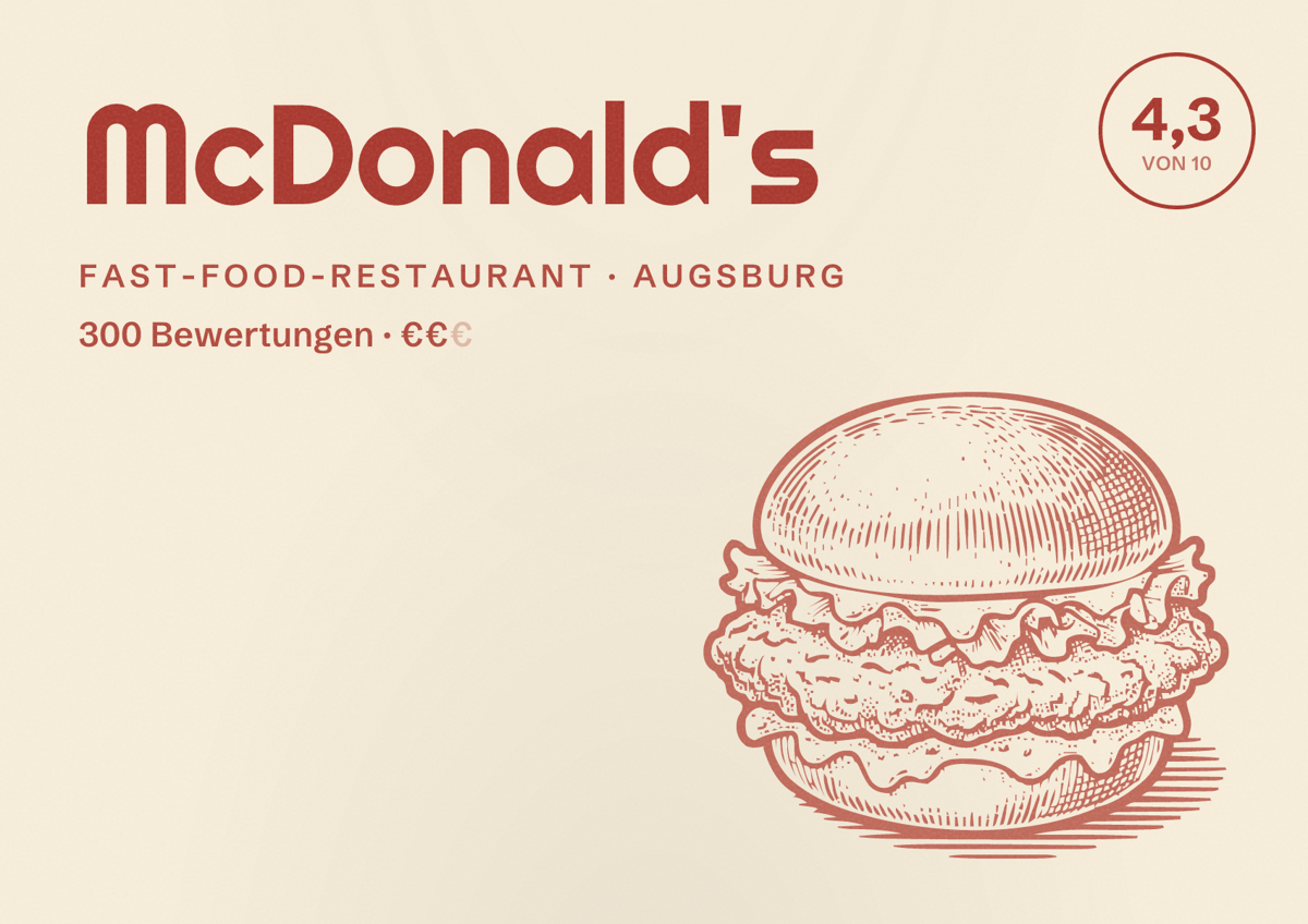 Illustriertes Poster von McDonald's, Fast-Food-Restaurant in Augsburg: Bewertung 4,3 von 10 aus 300 Bewertungen, Preisniveau €€