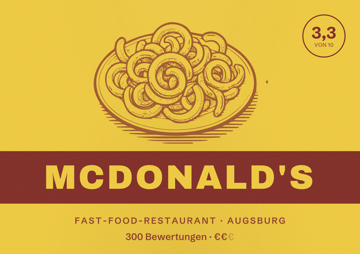 Illustriertes Poster von McDonald's, Fast-Food-Restaurant in Augsburg: Bewertung 3,3 von 10 aus 300 Bewertungen, Preisniveau €€