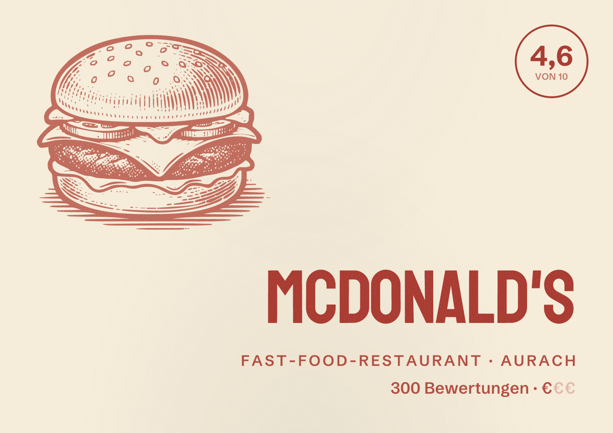 Illustriertes Poster von McDonald's, Fast-Food-Restaurant in Aurach: Bewertung 4,6 von 10 aus 300 Bewertungen, Preisniveau €