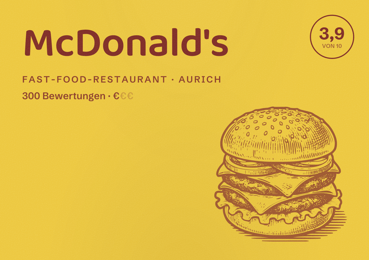 Illustriertes Poster von McDonald's, Fast-Food-Restaurant in Aurich: Bewertung 3,9 von 10 aus 300 Bewertungen, Preisniveau €