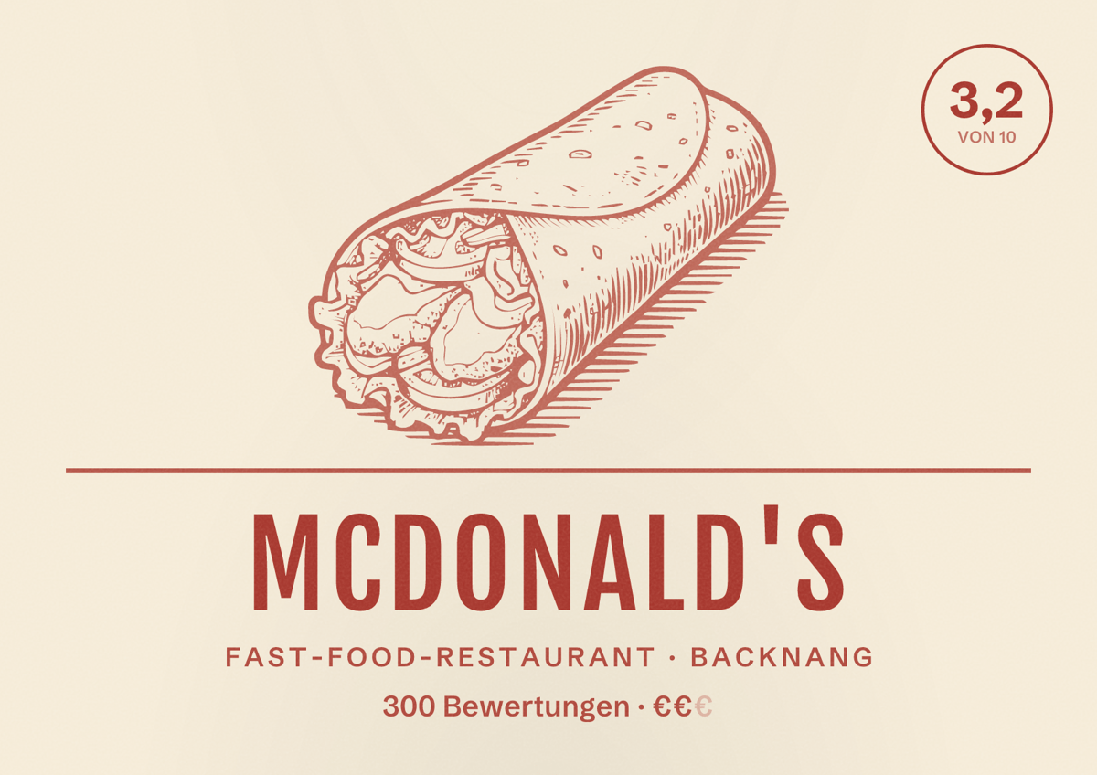 Illustriertes Poster von McDonald's, Fast-Food-Restaurant in Backnang: Bewertung 3,2 von 10 aus 300 Bewertungen, Preisniveau €€