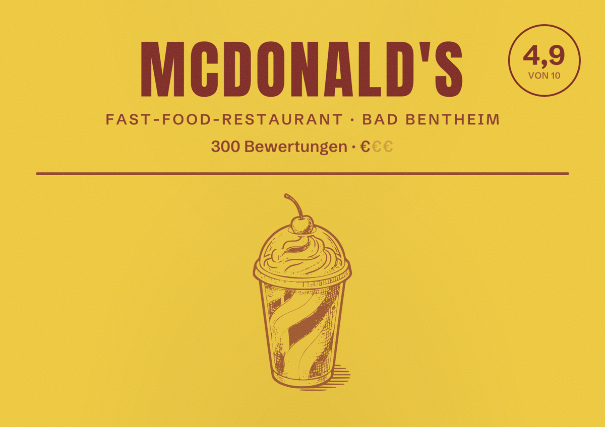 Illustriertes Poster von McDonald's, Fast-Food-Restaurant in Bad Bentheim: Bewertung 4,9 von 10 aus 300 Bewertungen, Preisniveau €
