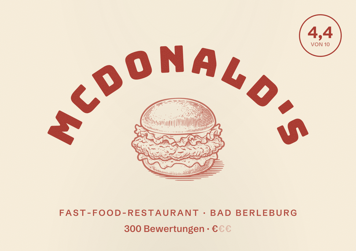 Illustriertes Poster von McDonald's, Fast-Food-Restaurant in Bad Berleburg: Bewertung 4,4 von 10 aus 300 Bewertungen, Preisniveau €