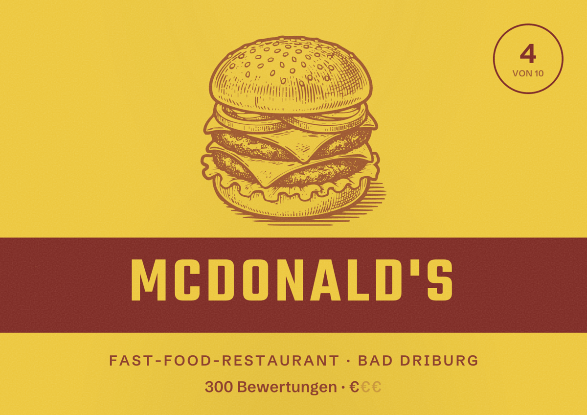 Illustriertes Poster von McDonald's, Fast-Food-Restaurant in Bad Driburg: Bewertung 4 von 10 aus 300 Bewertungen, Preisniveau €