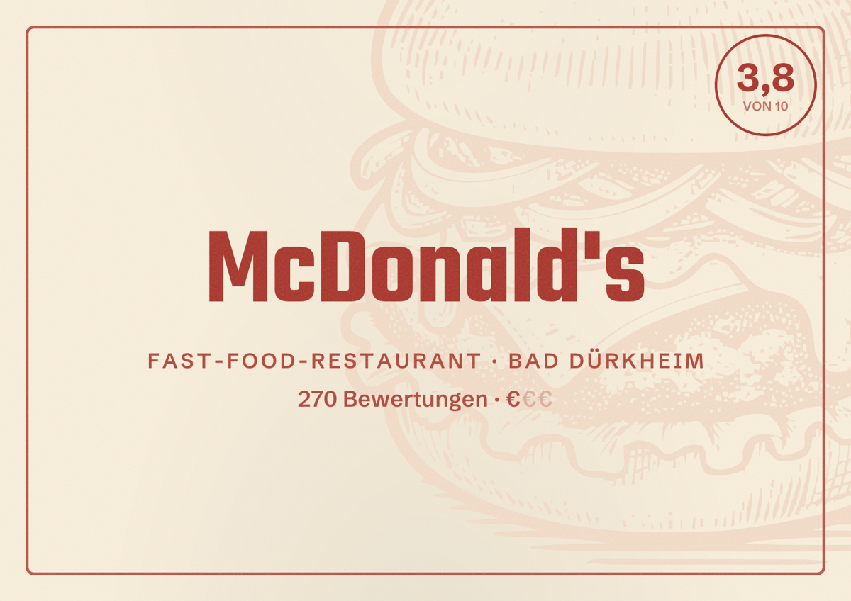 Illustriertes Poster von McDonald's, Fast-Food-Restaurant in Bad Dürkheim: Bewertung 3,8 von 10 aus 270 Bewertungen, Preisniveau €