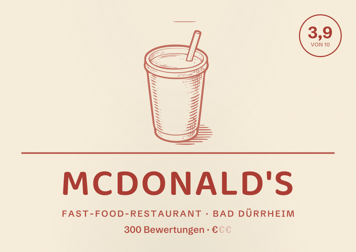Illustriertes Poster von McDonald's, Fast-Food-Restaurant in Bad Dürrheim: Bewertung 3,9 von 10 aus 300 Bewertungen, Preisniveau €