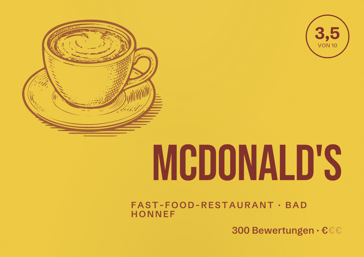 Illustriertes Poster von McDonald's, Fast-Food-Restaurant in Bad Honnef: Bewertung 3,5 von 10 aus 300 Bewertungen, Preisniveau €