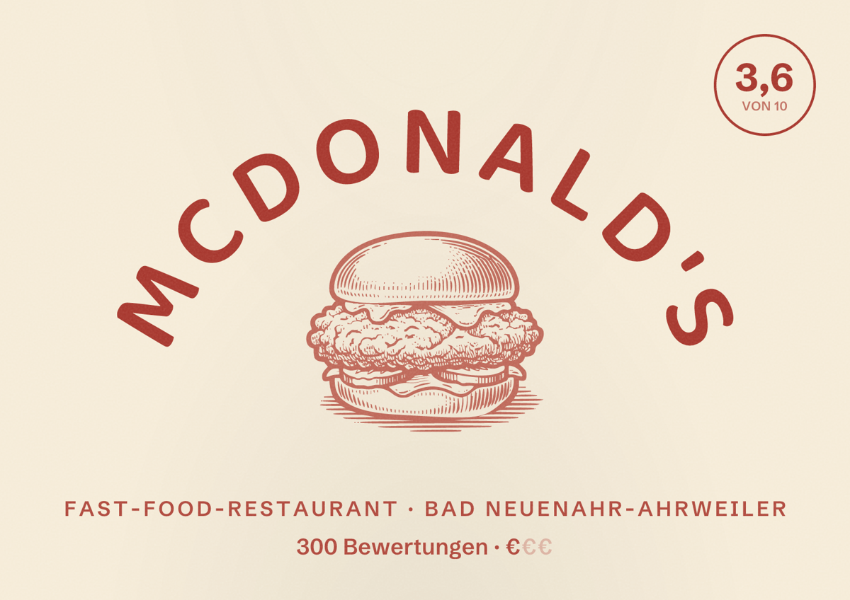 Illustriertes Poster von McDonald's, Fast-Food-Restaurant in Bad Neuenahr-Ahrweiler: Bewertung 3,6 von 10 aus 300 Bewertungen, Preisniveau €