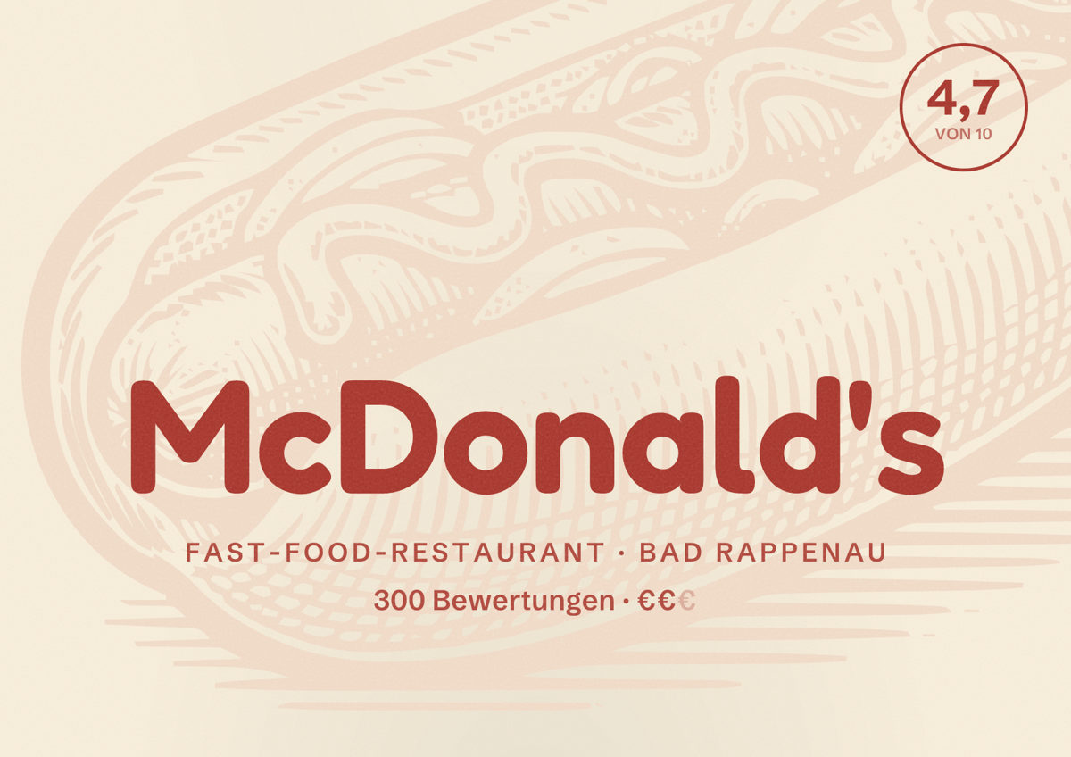Illustriertes Poster von McDonald's, Fast-Food-Restaurant in Bad Rappenau: Bewertung 4,7 von 10 aus 300 Bewertungen, Preisniveau €€