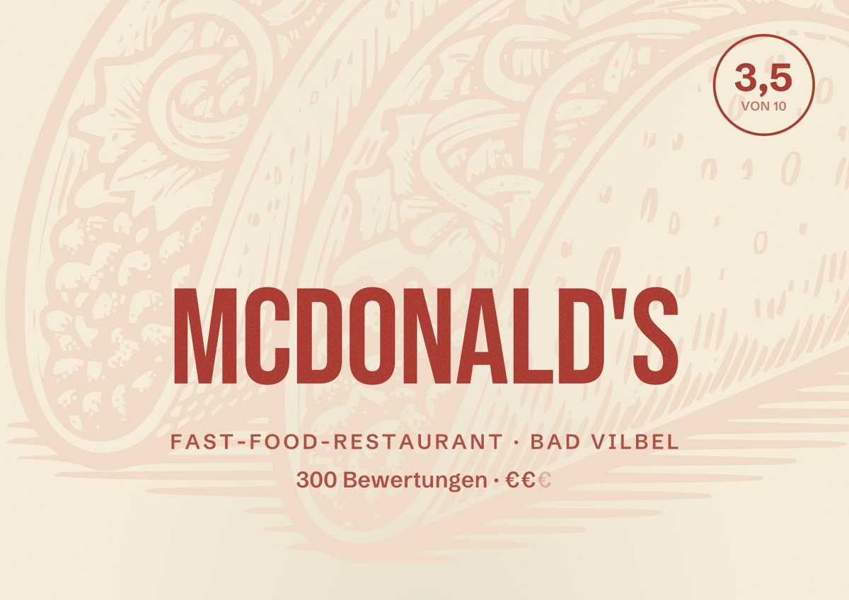 Illustriertes Poster von McDonald's, Fast-Food-Restaurant in Bad Vilbel: Bewertung 3,5 von 10 aus 300 Bewertungen, Preisniveau €€