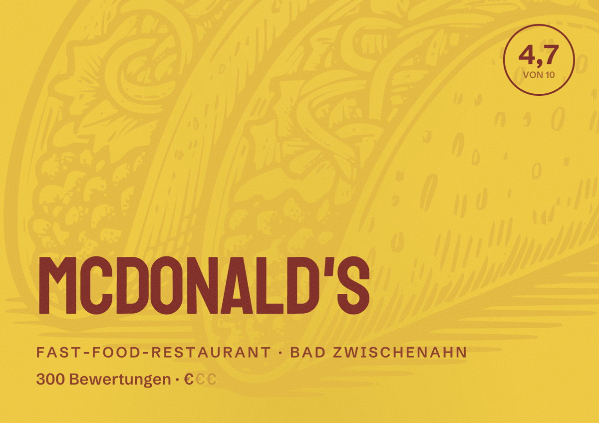 Illustriertes Poster von McDonald's, Fast-Food-Restaurant in Bad Zwischenahn: Bewertung 4,7 von 10 aus 300 Bewertungen, Preisniveau €