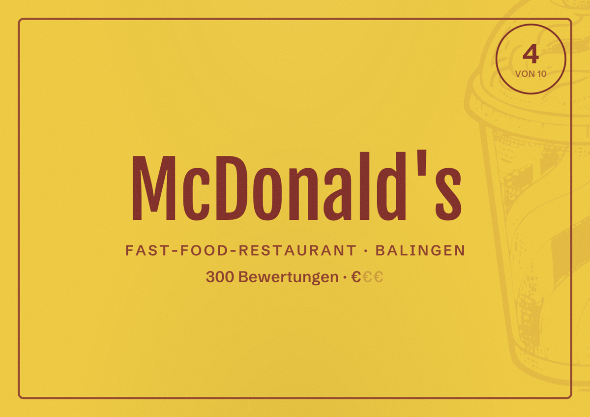 Illustriertes Poster von McDonald's, Fast-Food-Restaurant in Balingen: Bewertung 4 von 10 aus 300 Bewertungen, Preisniveau €