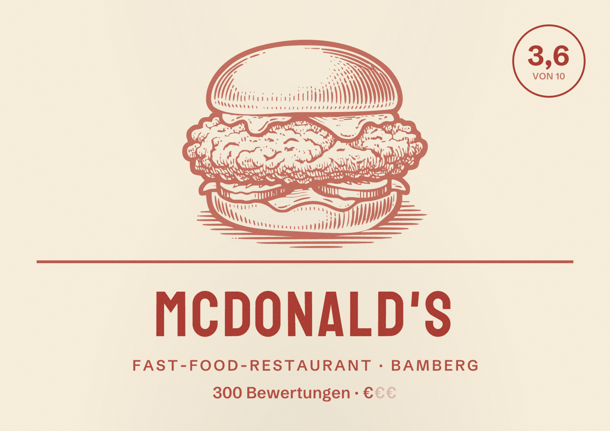 Illustriertes Poster von McDonald's, Fast-Food-Restaurant in Bamberg: Bewertung 3,6 von 10 aus 300 Bewertungen, Preisniveau €