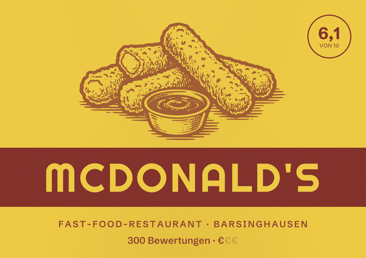 Illustriertes Poster von McDonald's, Fast-Food-Restaurant in Barsinghausen: Bewertung 6,1 von 10 aus 300 Bewertungen, Preisniveau €