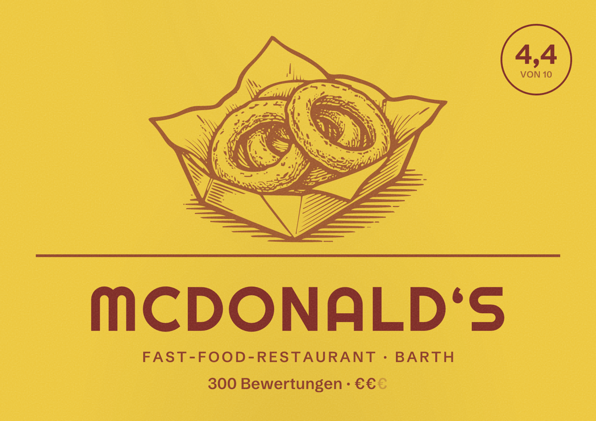 Illustriertes Poster von McDonald‘s, Fast-Food-Restaurant in Barth: Bewertung 4,4 von 10 aus 300 Bewertungen, Preisniveau €€