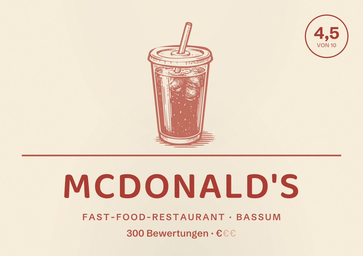 Illustriertes Poster von McDonald's, Fast-Food-Restaurant in Bassum: Bewertung 4,5 von 10 aus 300 Bewertungen, Preisniveau €