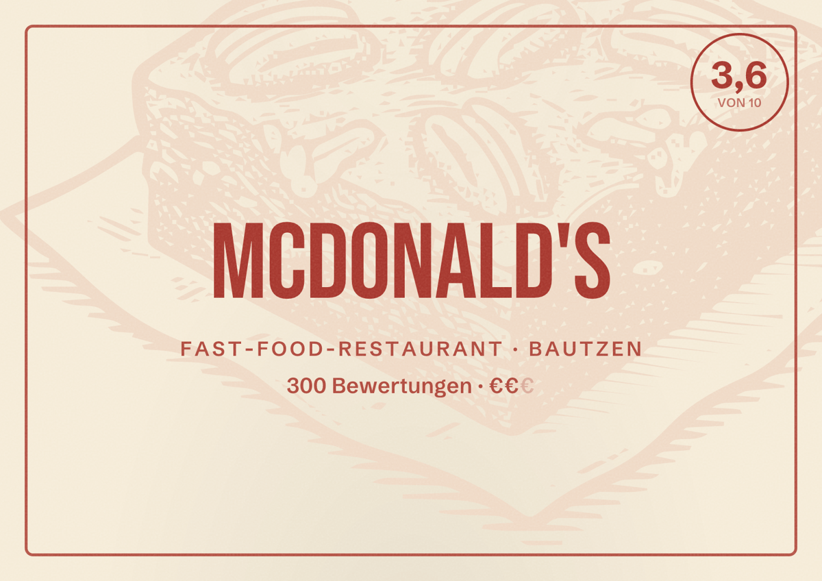 Illustriertes Poster von McDonald's, Fast-Food-Restaurant in Bautzen: Bewertung 3,6 von 10 aus 300 Bewertungen, Preisniveau €€