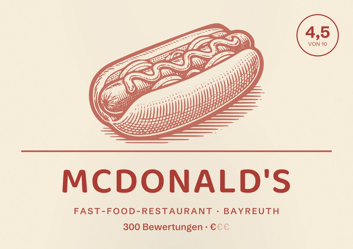 Illustriertes Poster von McDonald's, Fast-Food-Restaurant in Bayreuth: Bewertung 4,5 von 10 aus 300 Bewertungen, Preisniveau €