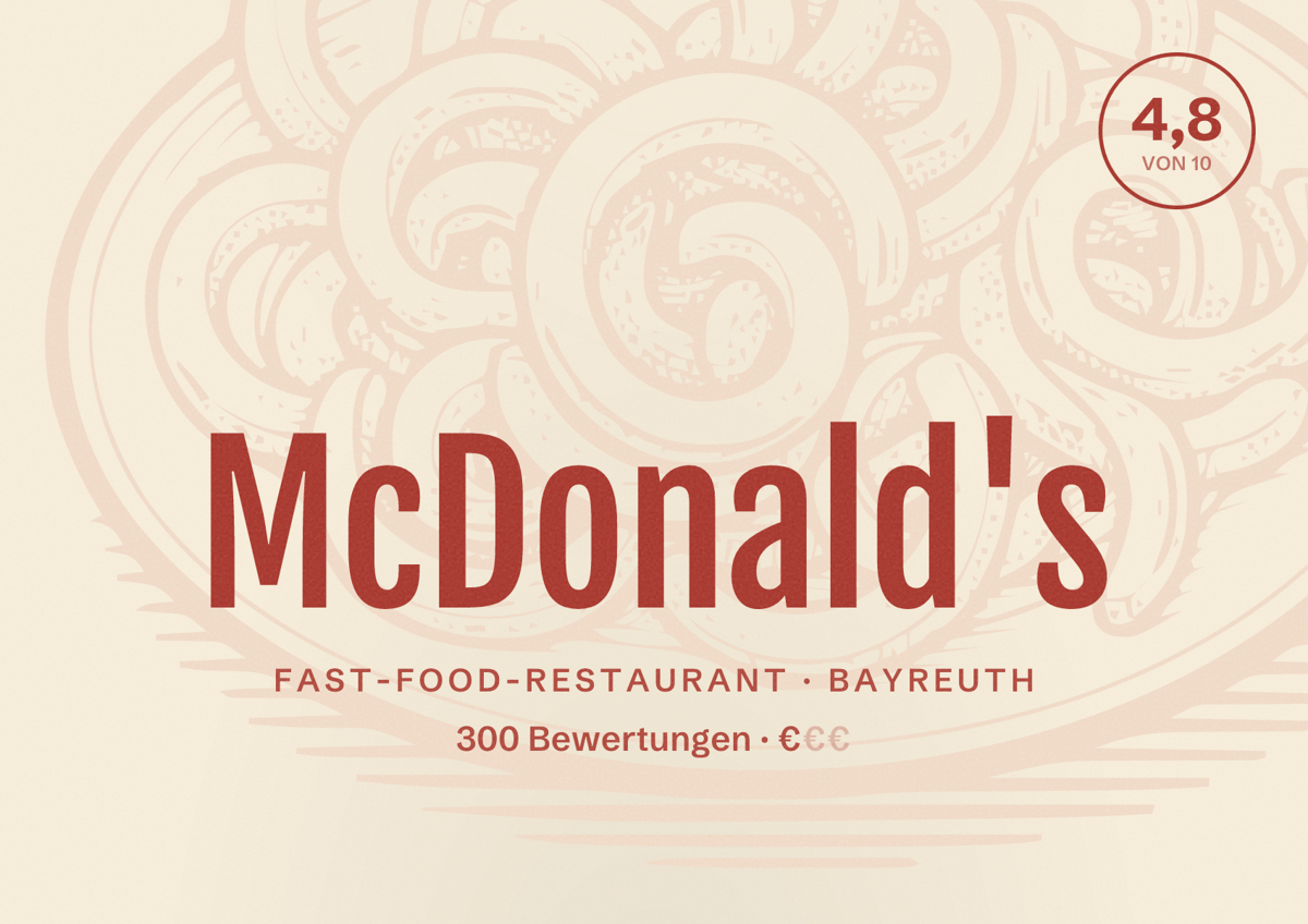 Illustriertes Poster von McDonald's, Fast-Food-Restaurant in Bayreuth: Bewertung 4,8 von 10 aus 300 Bewertungen, Preisniveau €