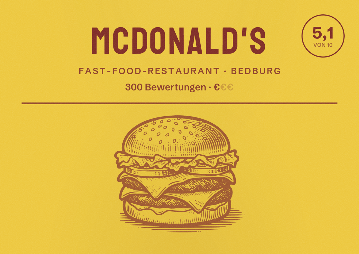 Illustriertes Poster von McDonald's, Fast-Food-Restaurant in Bedburg: Bewertung 5,1 von 10 aus 300 Bewertungen, Preisniveau €