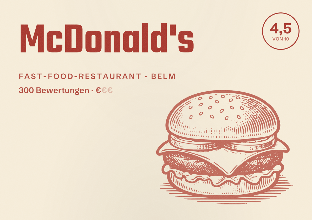 Illustriertes Poster von McDonald's, Fast-Food-Restaurant in Belm: Bewertung 4,5 von 10 aus 300 Bewertungen, Preisniveau €