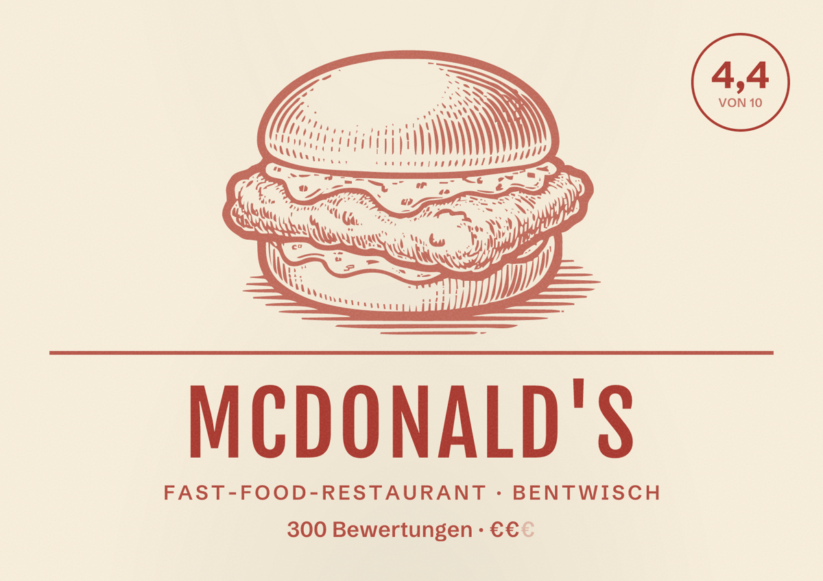 Illustriertes Poster von McDonald's, Fast-Food-Restaurant in Bentwisch: Bewertung 4,4 von 10 aus 300 Bewertungen, Preisniveau €€