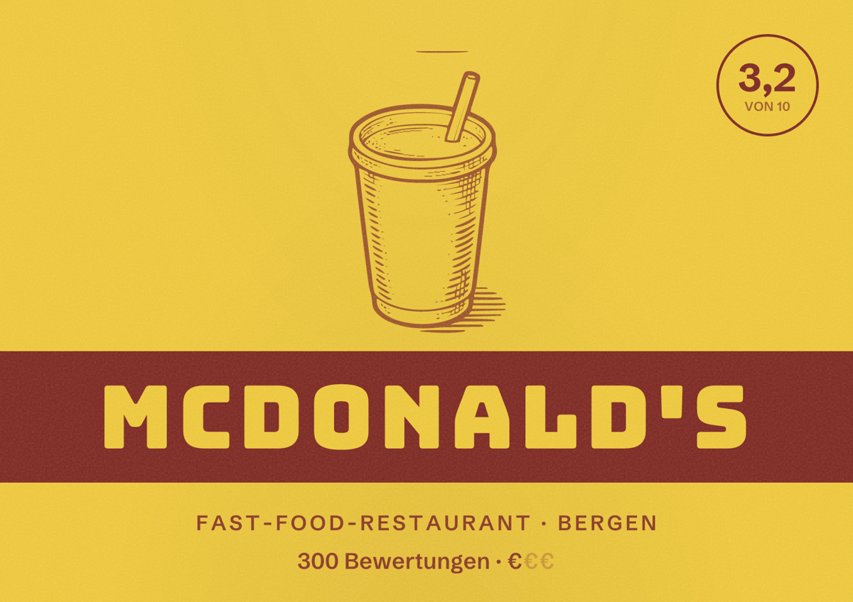 Illustriertes Poster von McDonald's, Fast-Food-Restaurant in Bergen: Bewertung 3,2 von 10 aus 300 Bewertungen, Preisniveau €