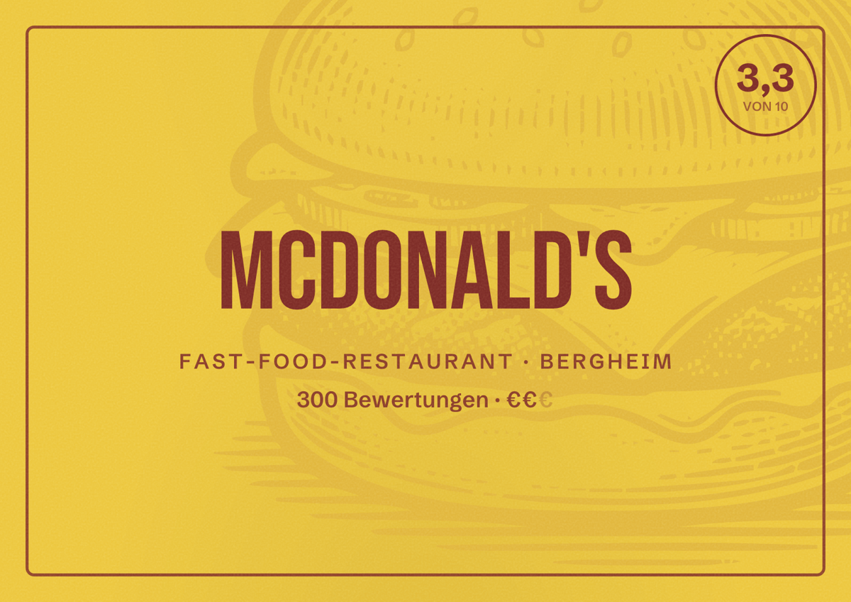 Illustriertes Poster von McDonald's, Fast-Food-Restaurant in Bergheim: Bewertung 3,3 von 10 aus 300 Bewertungen, Preisniveau €€