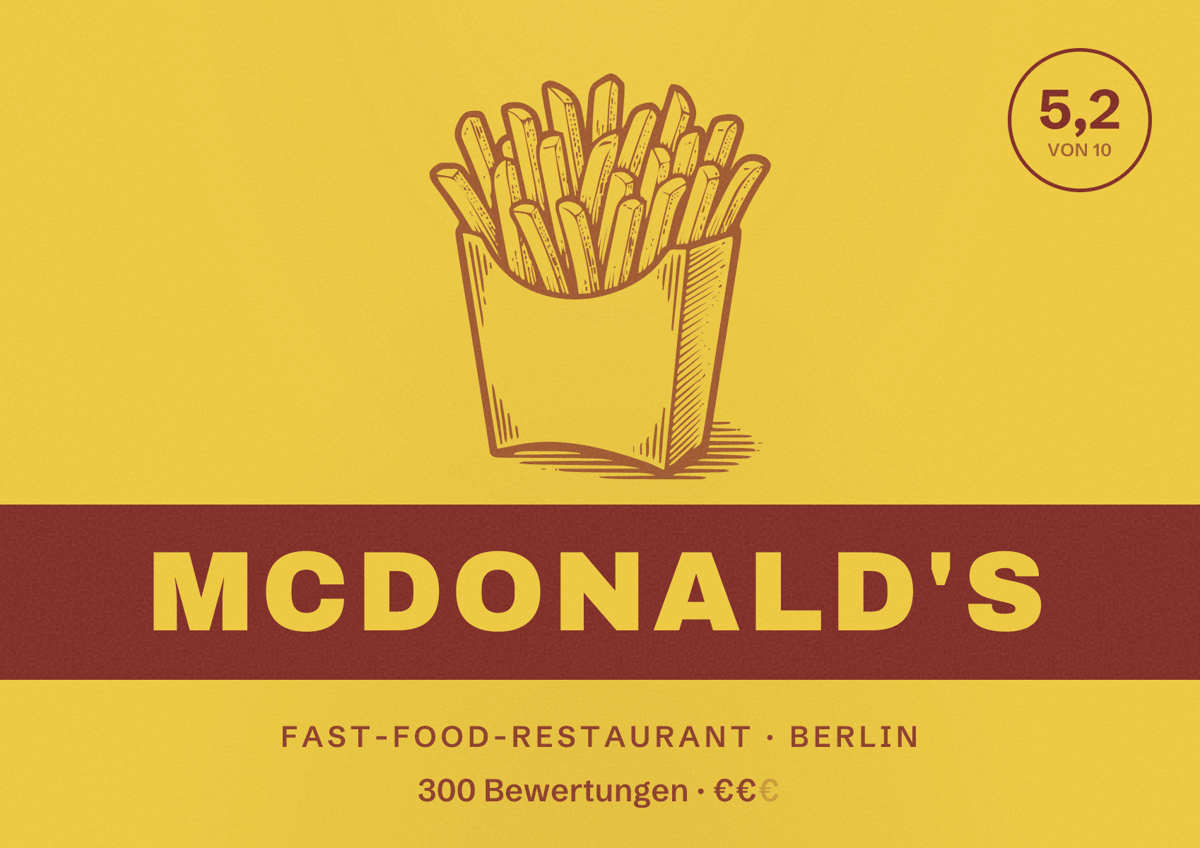 Illustriertes Poster von McDonald's, Fast-Food-Restaurant in Berlin: Bewertung 5,2 von 10 aus 300 Bewertungen, Preisniveau €€