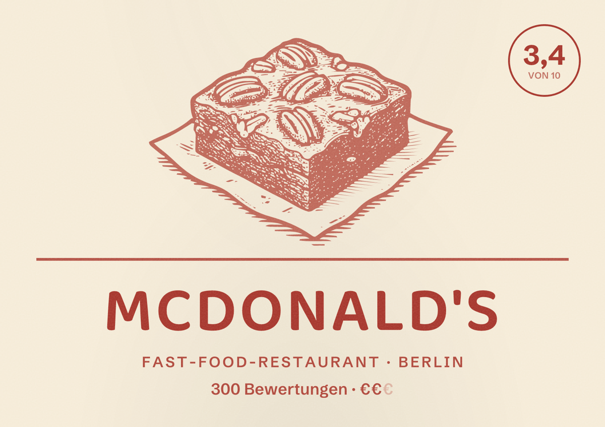 Illustriertes Poster von McDonald's, Fast-Food-Restaurant in Berlin: Bewertung 3,4 von 10 aus 300 Bewertungen, Preisniveau €€