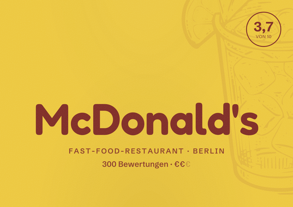 Illustriertes Poster von McDonald's, Fast-Food-Restaurant in Berlin: Bewertung 3,7 von 10 aus 300 Bewertungen, Preisniveau €€