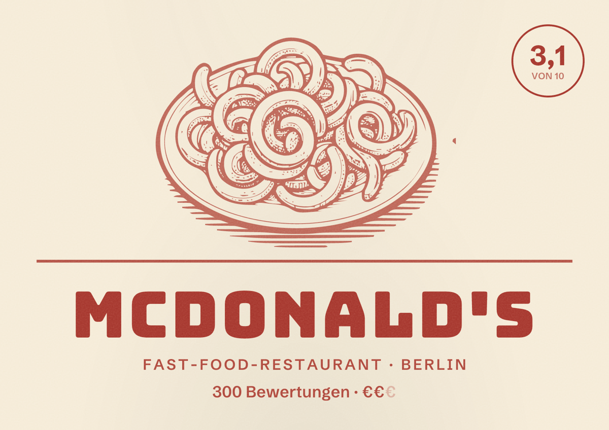 Illustriertes Poster von McDonald's, Fast-Food-Restaurant in Berlin: Bewertung 3,1 von 10 aus 300 Bewertungen, Preisniveau €€