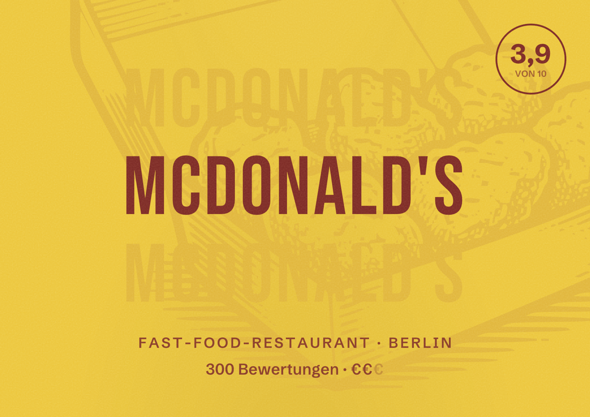 Illustriertes Poster von McDonald's, Fast-Food-Restaurant in Berlin: Bewertung 3,9 von 10 aus 300 Bewertungen, Preisniveau €€