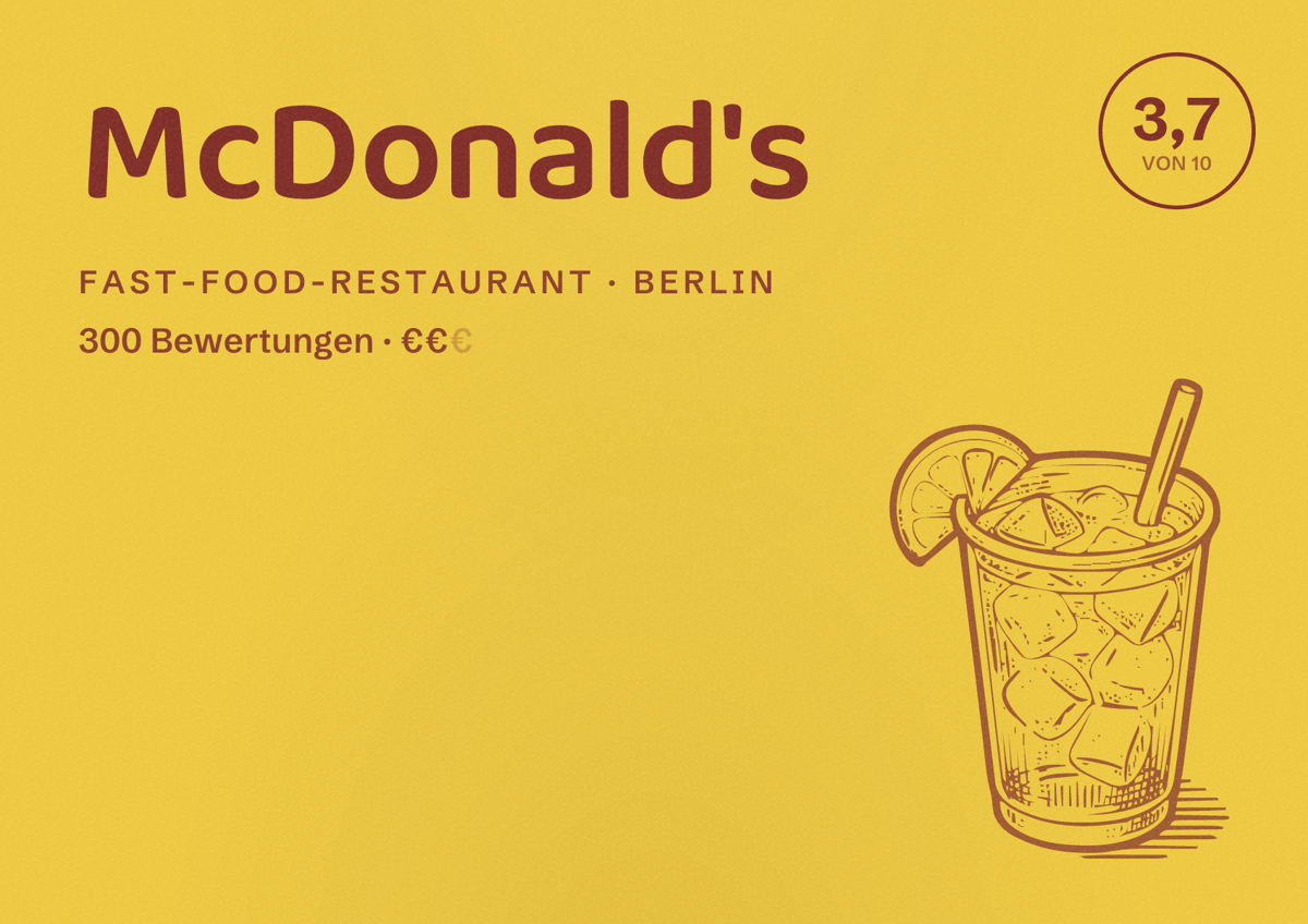 Illustriertes Poster von McDonald's, Fast-Food-Restaurant in Berlin: Bewertung 3,7 von 10 aus 300 Bewertungen, Preisniveau €€