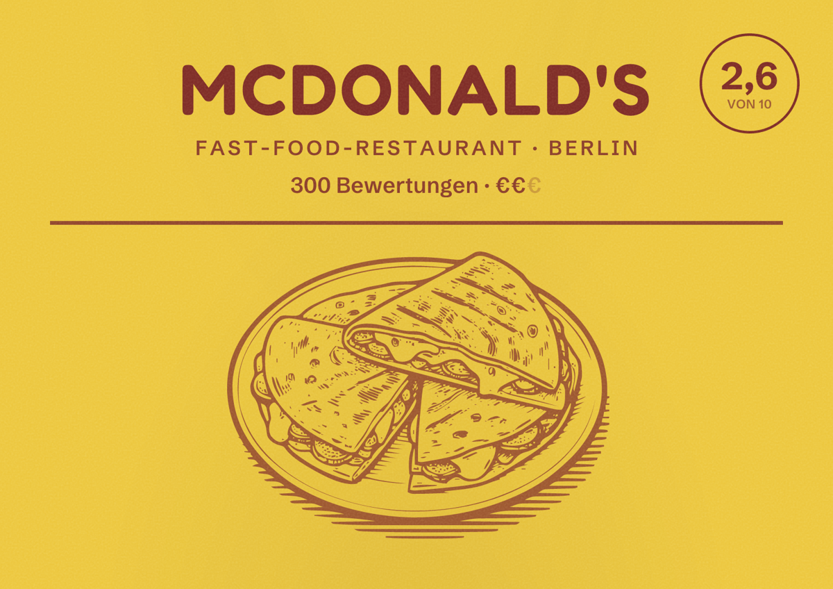 Illustriertes Poster von McDonald's, Fast-Food-Restaurant in Berlin: Bewertung 2,6 von 10 aus 300 Bewertungen, Preisniveau €€